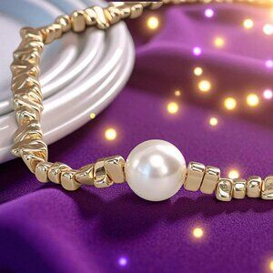 🆕 Chunky Statement Necklace Gold Plated Stainless Steel Crushed Stone Pearl
